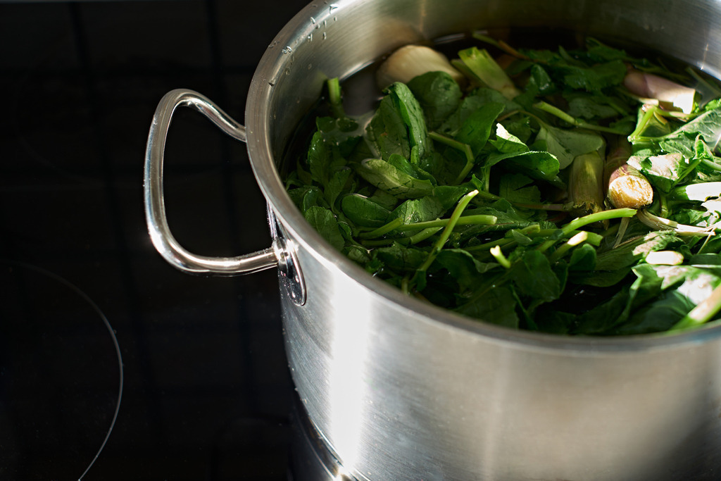 Herstellung einer Gemüsesuppe | Wien, Austria - April 01, 2023: Herstellung einer frischen Gemüsesuppe mit verschiedenem Grünzeug und Kräuter in einem grossen Topf auf dem Herd stehend. - Realisiert mit Pictrs.com