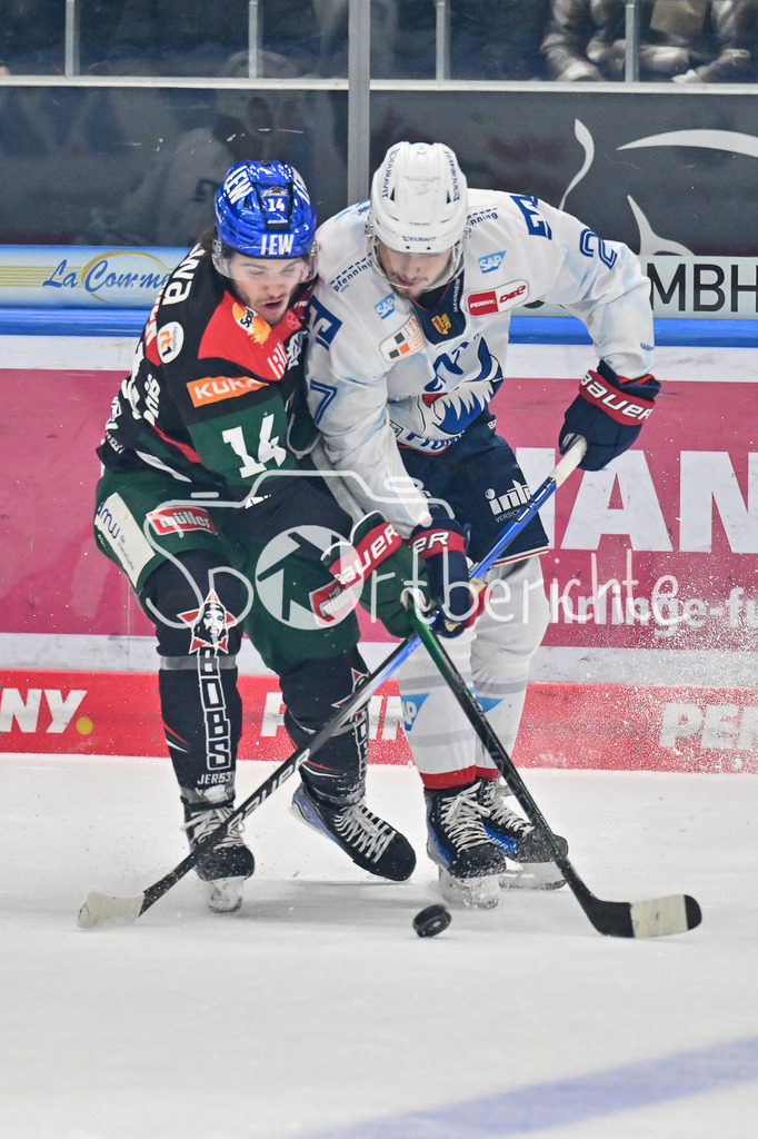 Augsburger Panther - Adler Mannheim | Im Duell D. J. BUSDEKER (Augsburger Panther #14) und Yannick PROSKE (Adler Mannheim 27) / Zweikampf / DEL: Augsburger Panther - Adler Mannheim, Curt Frenzel Stadion am 26.12.2024