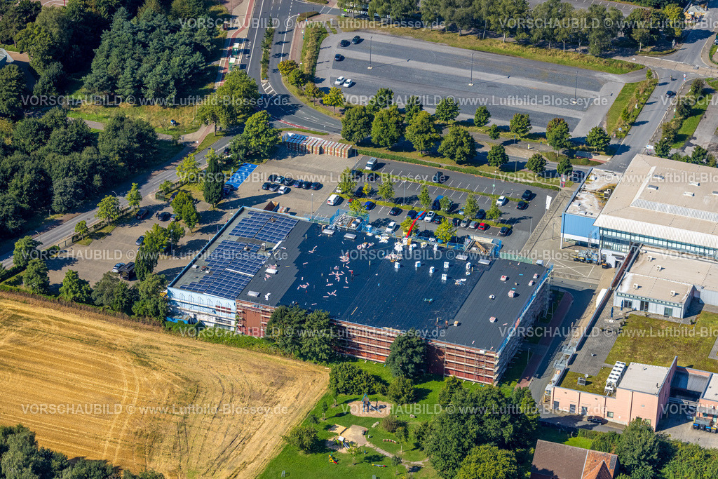 Hamm240805174 | Luftbild, beta Finanz Eissportarena Eissporthalle mit Moderniesierung und Renovierungsarbeiten, Parkplätze, Uentrop, Hamm, Ruhrgebiet, Nordrhein-Westfalen, Deutschland