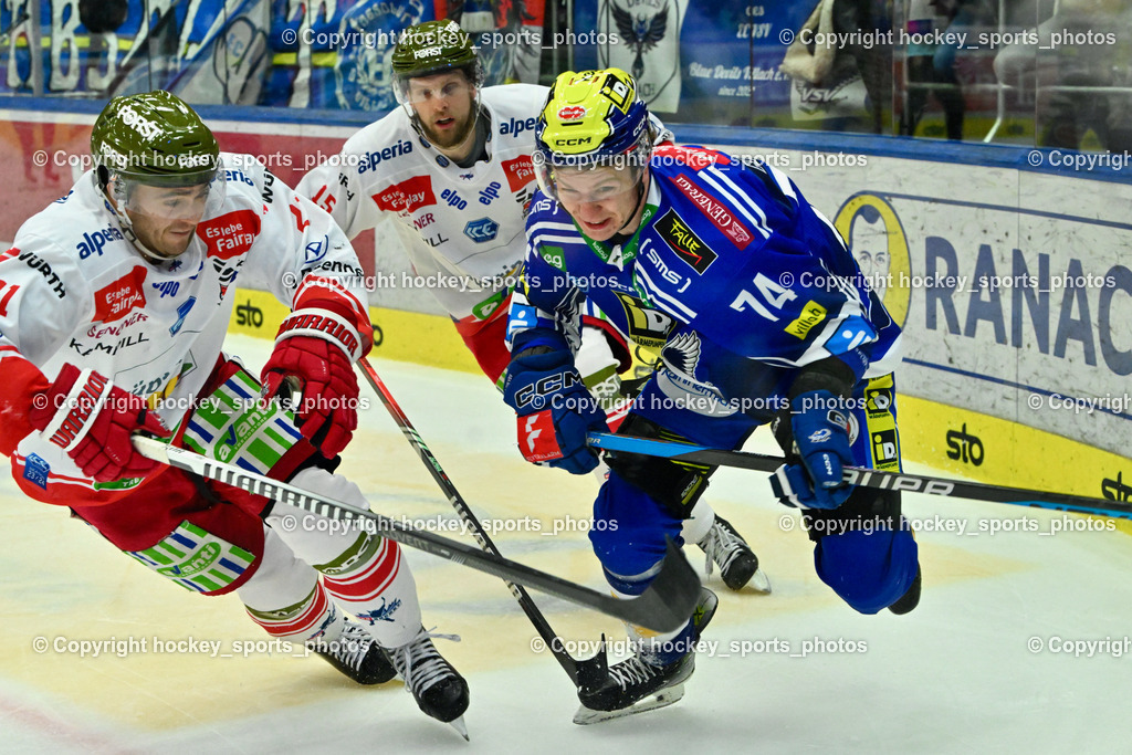 EC VSV vs. HC Bozen 16.2.2024 | #21 Ford Connor, #15 Miglioranzi Enrico, 74 Golod Maxime, EC VSV vs. HC Bozen 16.2.2024, EC VSV vs. HC Bozen 16.2.2024 am 16.02.2024 in Villach (Stadthalle Villach), Austria, (Photo by Bernd Stefan)