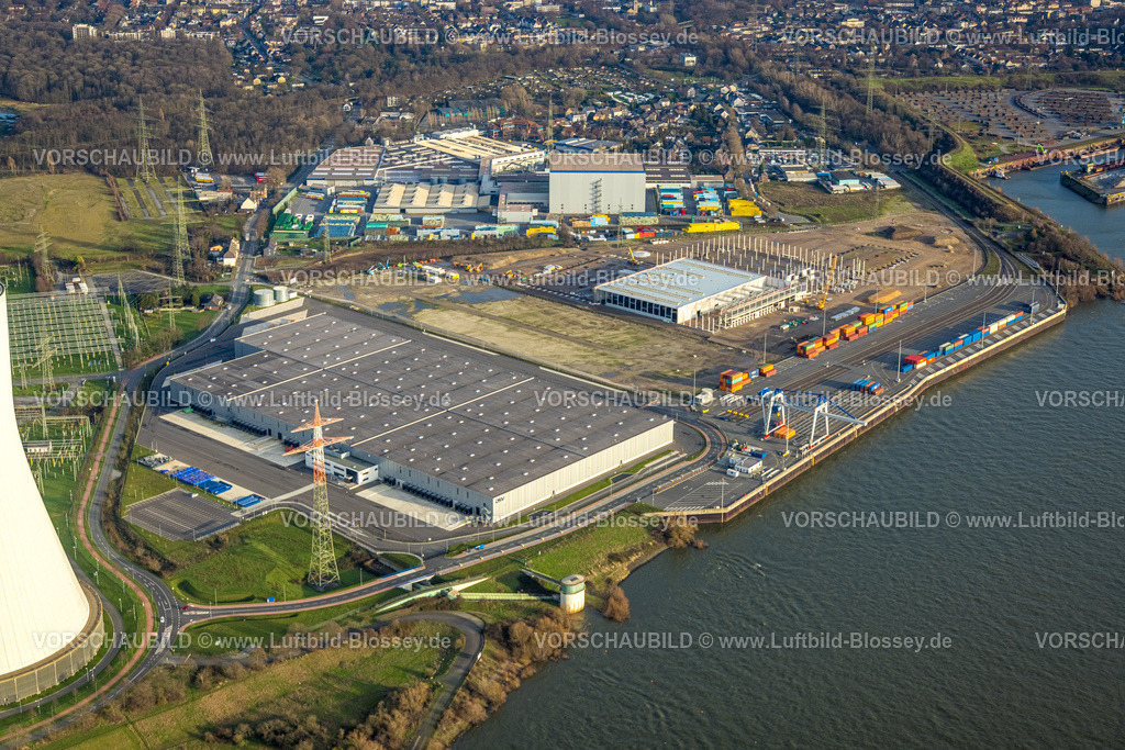 Duisburg230101166 | Luftbild, logport VI, Baustelle mit Neubau am STEAG Kraftwerk Walsum am Fluss Rhein, Alt-Walsum, Duisburg, Ruhrgebiet, Nordrhein-Westfalen, Deutschland