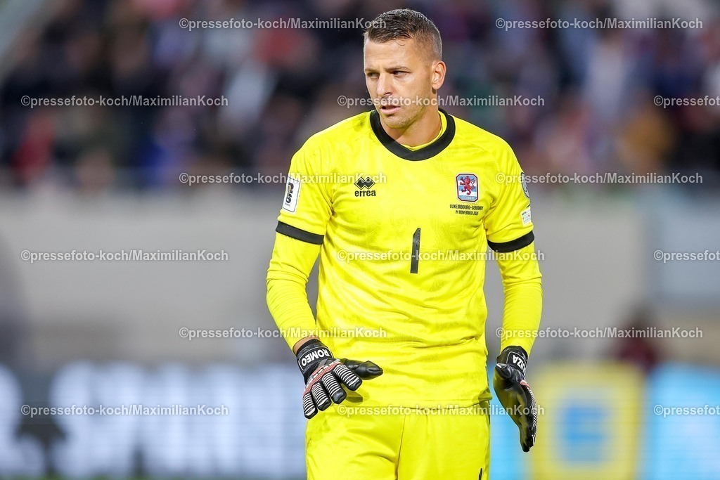 DFB14112501083 | 14.11.2025, Fußball, Länderspiel, WM-Qualifikation Europa, Deutschland - Luxemburg, Stade de Luxembourg (Croix de Gasperich, Luxemburg), 9. Spieltag, Saison 2025 2026: Torwart Anthony Moris (LUX #01)  Regulations prohibit any use of photographs as image sequences and or quasi-video.
