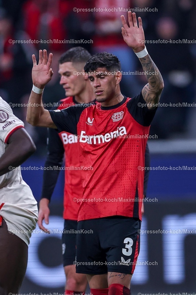 UCL11032502324 | 11.03.2025, Fußball, UEFA Champions League, Bayer 04 Leverkusen - FC Bayern München, Achtelfinale Rückspiel, BayArena, Saison 2024 2025: Piero Hincapie (Bayer04 Leverkusen #3)DFB regulations prohibit any use of photographs as image sequences and or quasi-video.