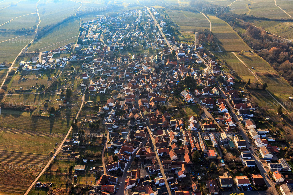 Luftbild: Ortsansicht von Osten im Ortsteil Arzheim in Landau im Bundesland Rheinland-Pfalz in Deutschland. Foto: IMG_130774.jpg vom 09.03.2022 durch Werner Riehm/FLY-FOTO.de