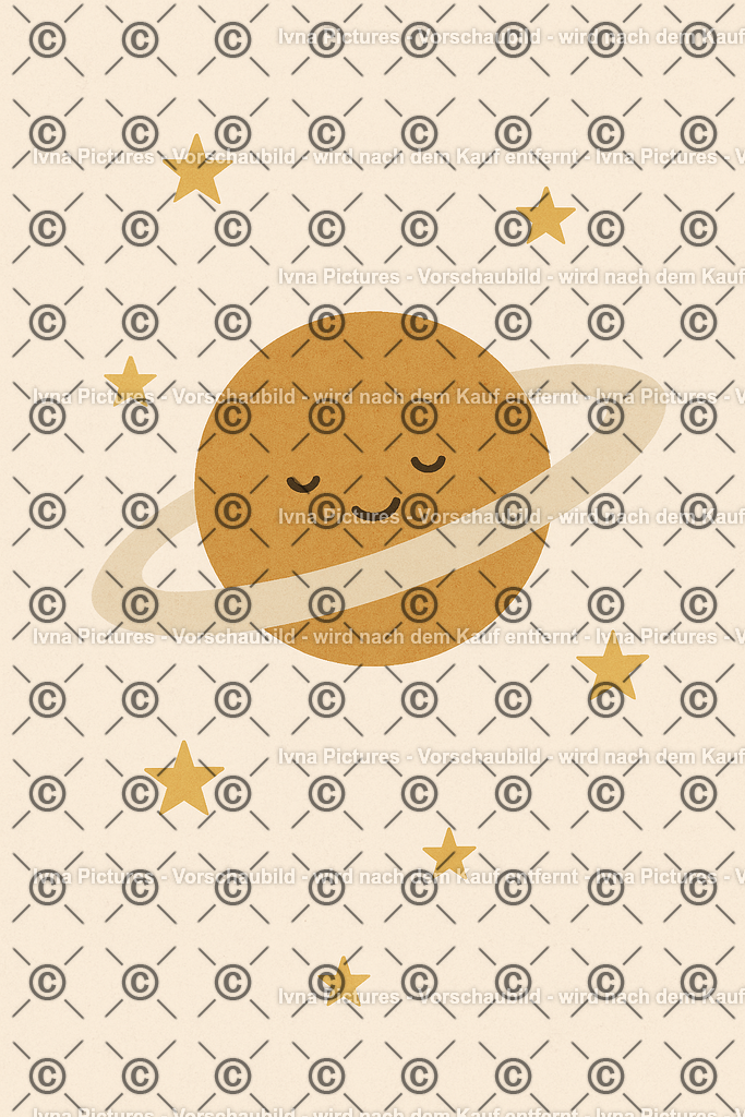 Träumender Saturn 🪐 | Eine sanfte, minimalistische Illustration zeigt einen friedlich lächelnden Planeten mit zartem Ring, umgeben von funkelnden Sternen. In warmen Erdtönen gehalten, vermittelt das Bild Ruhe und Geborgenheit – perfekt für ein Kinderzimmer im skandinavischen Stil. - Realisiert mit Pictrs.com