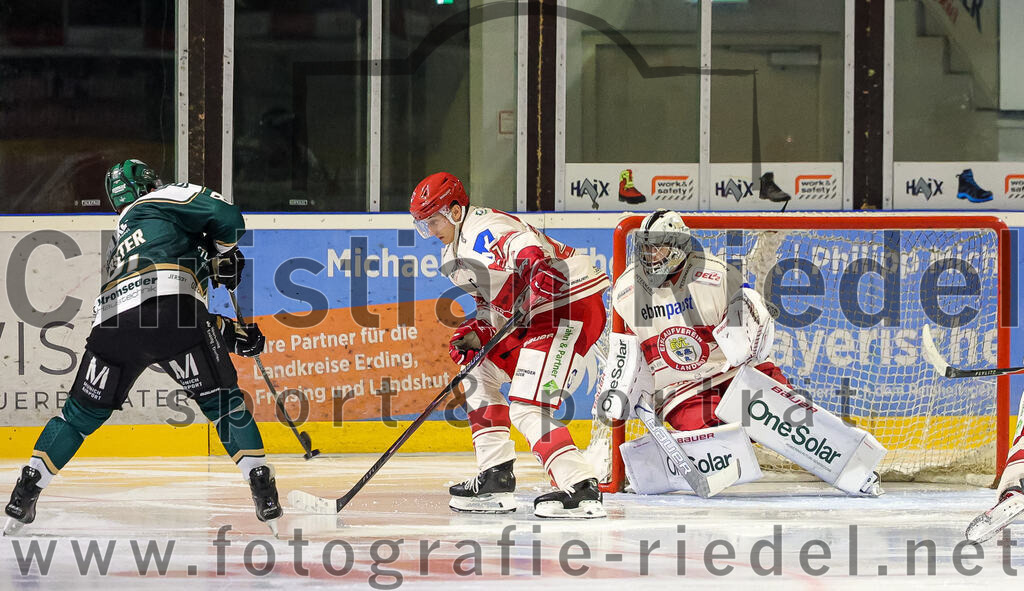 2025-09-12_133_TSV_Erding_gegen_EV_Landshut | Erding, Deutschland, 12.09.2025:Eishockey, Oberliga Süd 2025 / 2026, Testspiel, TSV Erding gegen EV Landshut, Endergebnis: 4:6Maximilian Forster (Erding Gladiators, #81), Torwart Johannes Kurrer (EV Landshut, #40)Foto: Christian Riedel / fotografie-riedel.net