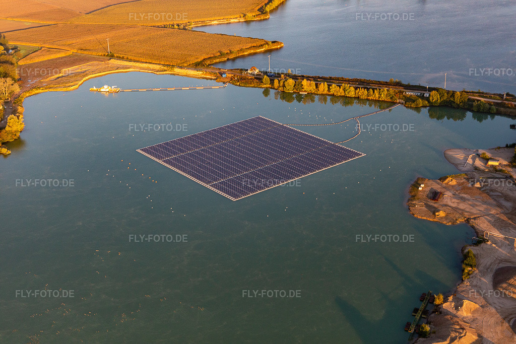 Luftbild: Schwimmendes Solarkraftwerk und Panelfelder von Photovoltaik- Anlagen auf der Wasseroberfläche auf einem Baggersee zur Kiesgewinnung. in Leimersheim im Bundesland Rheinland-Pfalz in Deutschland. Foto: IMG_129759.jpg vom 10.10.2021 durch Werner Riehm/FLY-FOTO.de