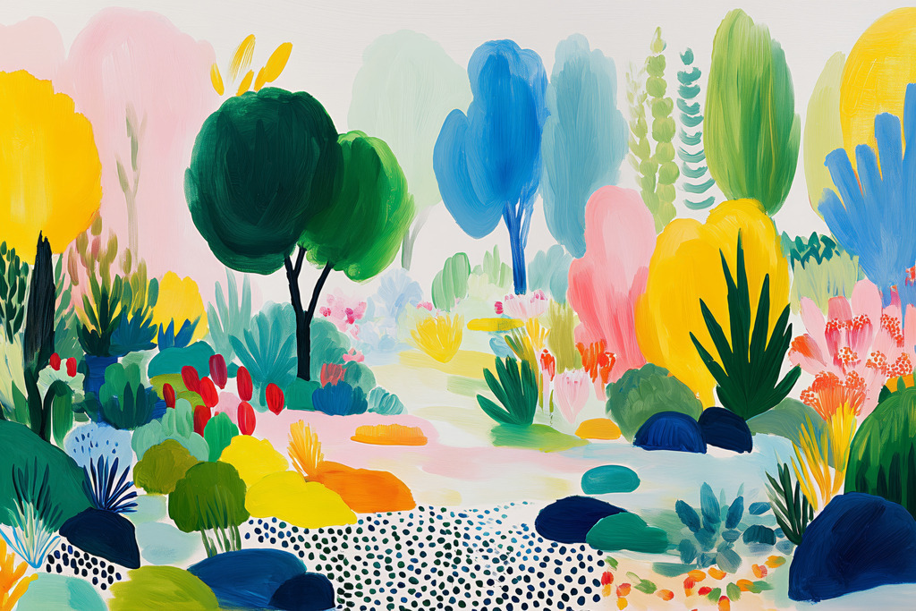 2605010 - Sommerlicher abstrakter Garten | Eine abstrakte Gartenlandschaft, die die Natur in ein Spiel aus reinen Farben und weichen Formen auflöst. Der Verzicht auf naturalistische Details lenkt den Blick ganz auf die emotionale Wirkung der Farbfelder. Ein modernes Beispiel für den Fauvismus, das Lebensfreude und Leichtigkeit ausstrahlt.