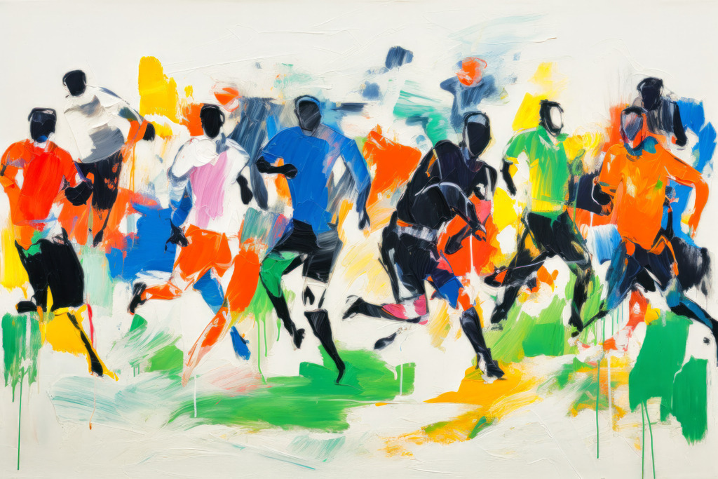 2307251 - Fußballspieler | Bestellen Sie dieses digitale Gemälde von bunten abstrakten Fußballspielern als hochwertigen Kunstruck auf Leinwand, Acrylglas, Alu-Dibond oder als Poster.