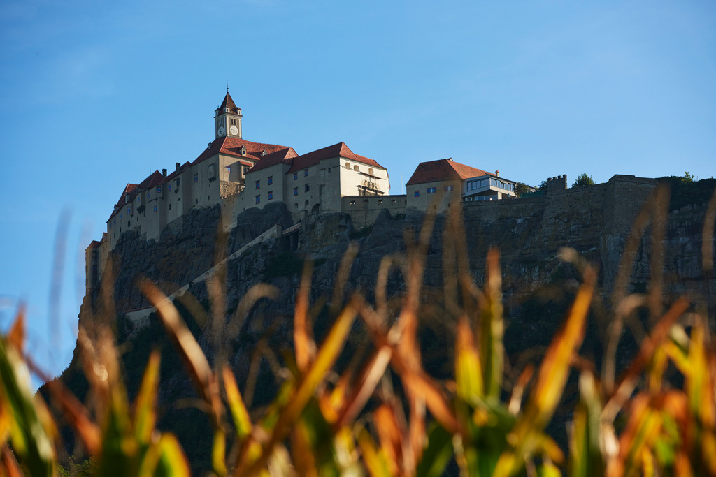 Blick auf Riegersburg mit Maisfeld | Riegersburg, Austria - September 12, 2018: Blick auf die Riegersburg mit einem Maisfeld im Vordergrund. - Realisiert mit Pictrs.com
