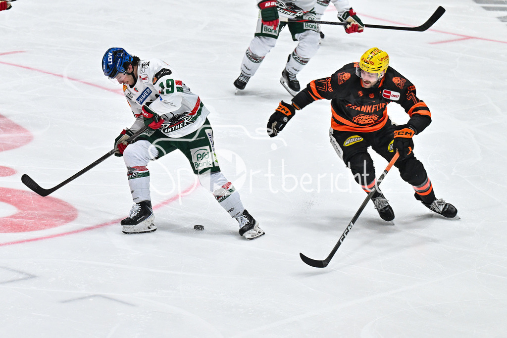 Löwen Frankfurt - Augsburger Panther | FRANKFURT, GERMANY - 19. DECEMBER: im Duell Riley DAMIANI (Augsburger Panther 19) und Daniel PFAFFENGUT (Löwen Frankfurt 77) während dem Match zwischen den Löwen Frankfurt und den Augsburger Panthern am 29. Spieltag der Penny DEL in der Eissporthalle Frankfurt