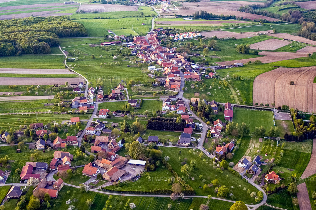Aerial view: Laubacherhof district from the south in Laubach in the state Bas-Rhin, France.Photo: IMG_10688.jpg taken on 05/04/2008 by Werner Riehm/FLY-FOTO.comResolution of the original: 3456 x 2304 px
