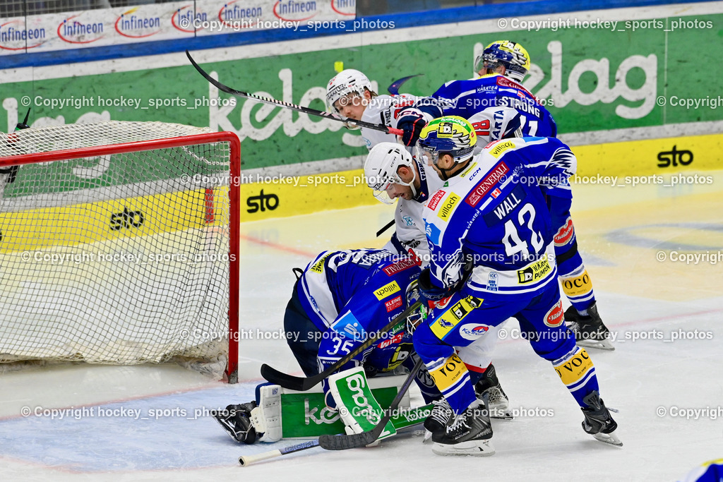 EC IDM Wärmepumpen VSV vs. Hydro Fehervar | #42 Alex Wall EC VSV, #35 Joe Cannata EC VSV, #71 Steven Strong EC VSV, EC IDM Wärmepumpen VSV vs. Hydro Fehervar, EC IDM WÄRMEPUMPEN VSV vs. Hydro Fehervar AV19 am 05.10.2025 in Villach (Stadthalle Villach), Austria, (Photo by Bernd Stefan)