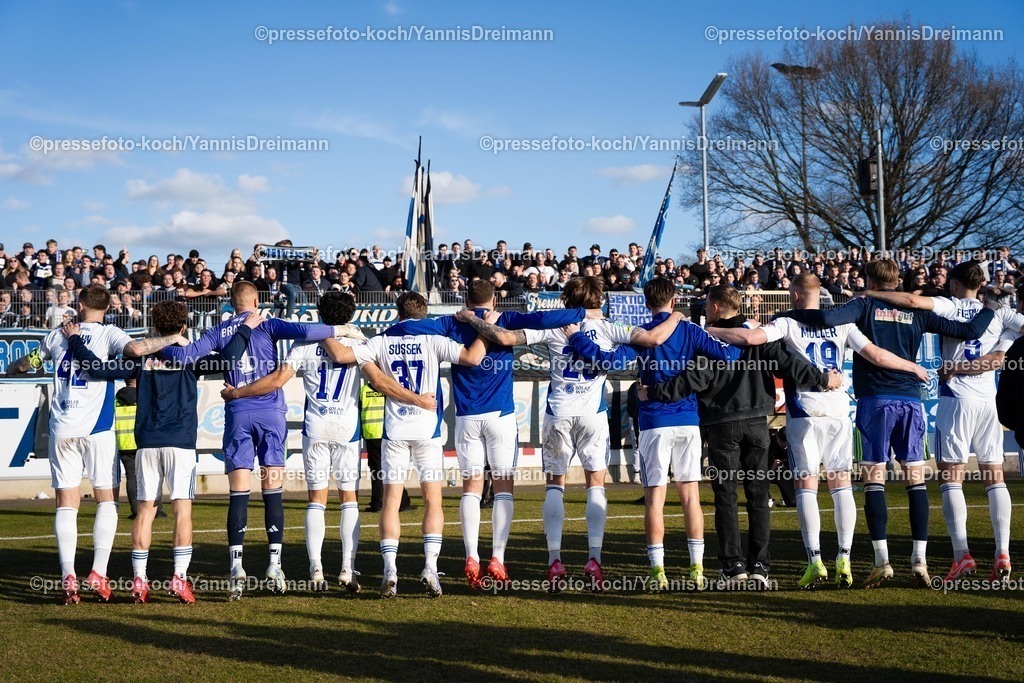 xYDR23022502074 | 23.02.2025, xydrx, Fußball, Fortuna Düsseldorf II (U23) - MSV Duisburg, Regionalliga West, Paul-Janes-Stadion: Mannschaft MSV Duisburg feiert mit Fans