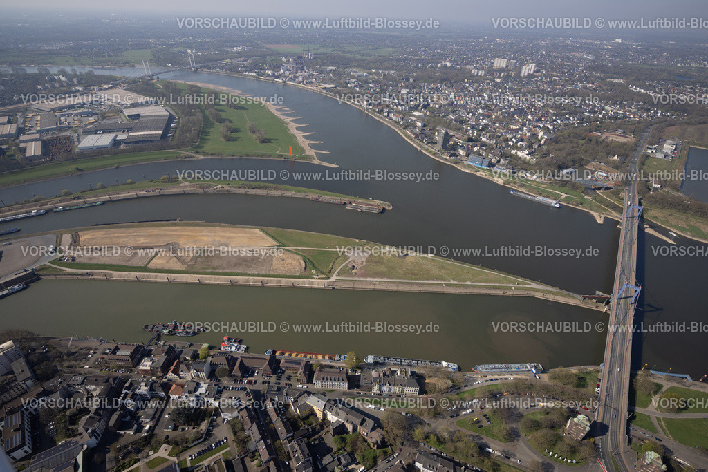 Duisburg250402173DuisPort | Luftbild, Mercatorinsel und Vinckekanal, Hafenkanal und Fluss Ruhr mit Mündung in den Fluss Rhein, Rheinorange Skulptur, Friedrich-Ebert-Brücke, Alt-Homberg auf der anderen Rhein-Seite, Ruhrort, Duisburg, Ruhrgebiet, Nordrhein-Westfalen, Deutschland