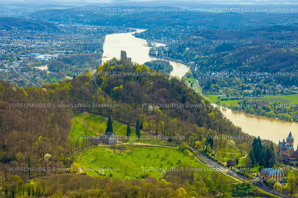 Koenigswinter220403695Drachenfels | Luftbild, Drachenfels, mittelalterliche Burgruine mit Blick auf das Rheintal, Königswinter, Rheinland, Nordrhein-Westfalen, Deutschland