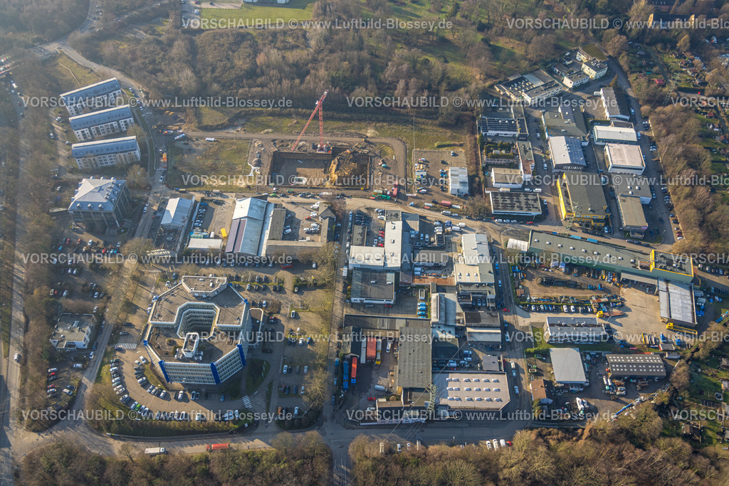 Essen260100998 | Luftbild, Baustelle und Baukran an der Hilgerstraße, Bebauungsplan Thurmfeld-Areal, Gewerbegebiet am Segerothpark, Altenbergmühle, Nordviertel, Essen, Ruhrgebiet, Nordrhein-Westfalen, Deutschland