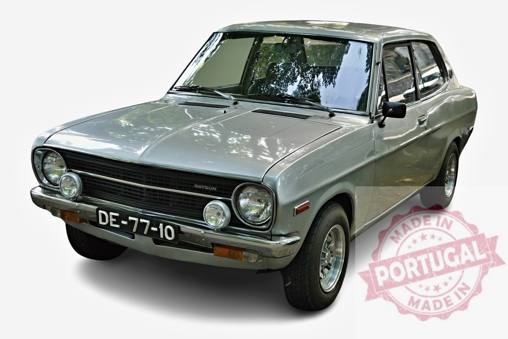 Datsun 1200 Sunny sedan posing in a studio | Classic Japanese car Datsun 1200 Sunny sedan posing in a studio with a white background - Realized with Pictrs.com