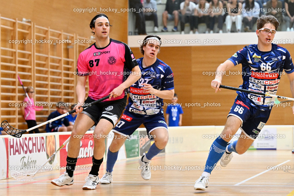VSV Unihockey vs. Wiener Floorball Verein | #87 Christian Lindquist Wiener Floorballverein, #27 Lukas Floriantschitz VSV Unihockey, #66 Jakob Rainer VSV Unihockey, VSV Unihockey vs. Wiener Floorball Verein, VSV Unihockey vs. Wiener Floorball Verein am 18.05.2025 in Villach (Ballspielhalle St. Martin), Austria, (Photo by Bernd Stefan)