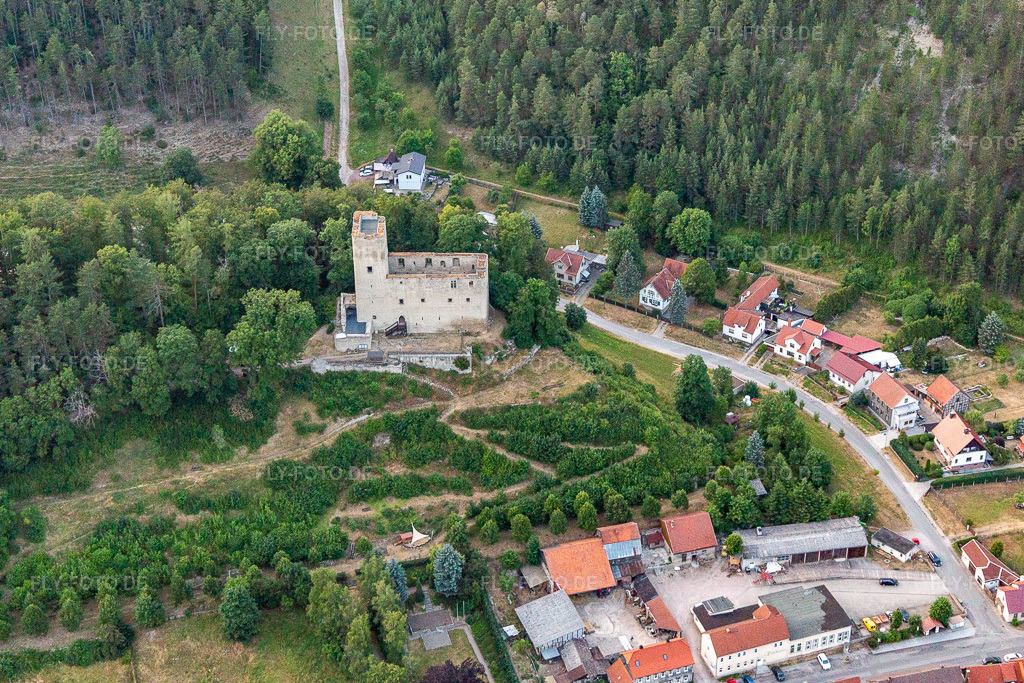 Luftbild: Burgruine Liebenstein in Liebenstein im Ortsteil Liebenstein in Geratal im Bundesland Thüringen in Deutschland. Foto: IMG_116166.jpg vom 10.07.2019 durch Werner Riehm/FLY-FOTO.de