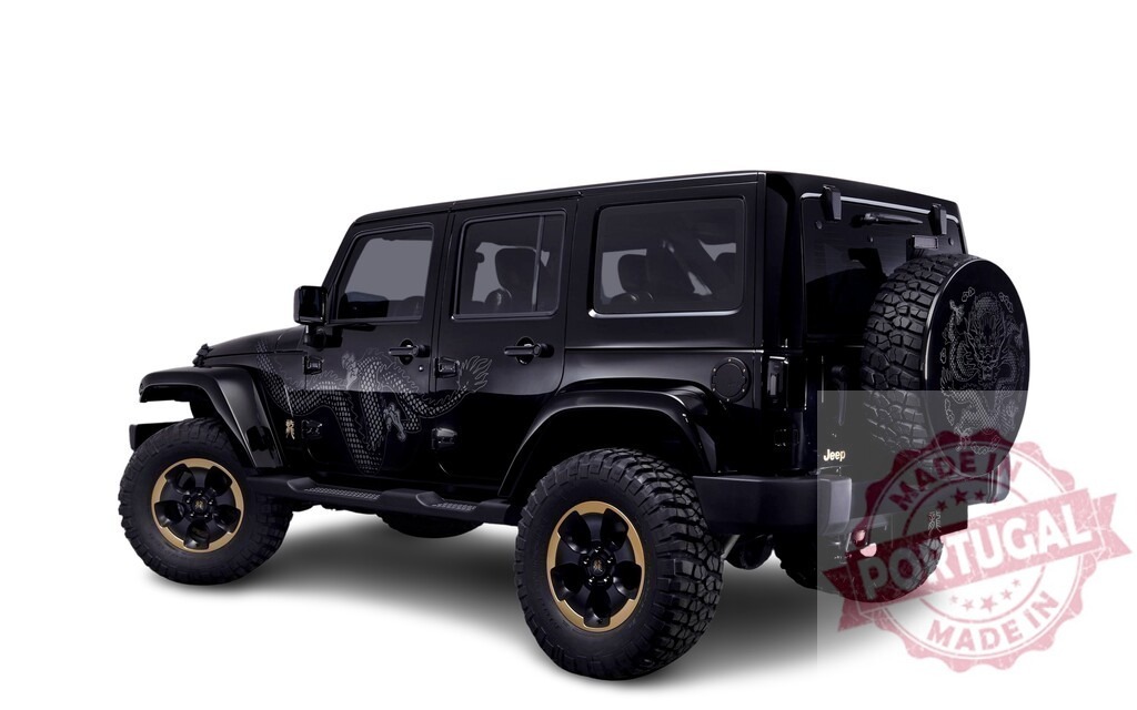 Customized Jeep Wrangler unlimited displaying dragon design and gold wheels | Black Jeep Wrangler Unlimited featuring a dragon design and gold wheels, parked and ready for adventure - Realized with Pictrs.com