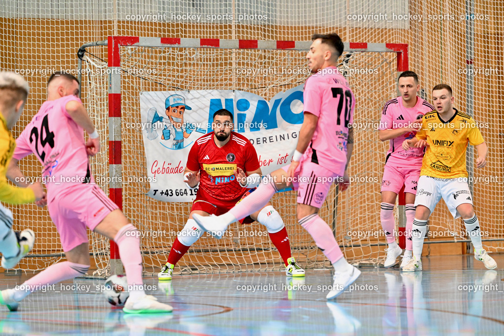 Carinthia Flamengo Futsal Club vs. FC Ljuti Krajisnici | #1 Youssef Helal Carinthia Flamengo, #70 Yosifov Svetlozar Angelov Carinthia Flamengo, #7 Enes Brdjanovic Carinthia Flamengo, #23 Amel Beglerovic FC Ljuti Krajisnici, #24 Zoran Vukovic Carinthia Flamengo, Carinthia Flamengo Futsal Club vs. FC Ljuti Krajisnici, Carinthia Flamengo Futsal Club vs. FC Ljuti Krajisnici am 05.01.2025 in Klagenfurt (Ballspielhalle Viktring), Austria, (Photo by Bernd Stefan)