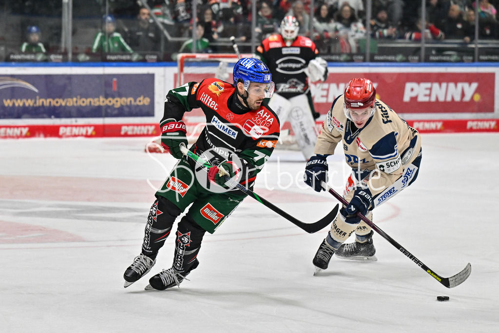 Augsburger Panther - Schwenninger Wild Wings | im Duell Luca TOSTO (Augsburger Panther #77) und Philip FEIST (Schwenninger Wild Wings 9) / Zweikampf / DEL: Augsburger Panther - Schwenninger Wild Wings, Curt Frenzel Stadion am 24.01.2025