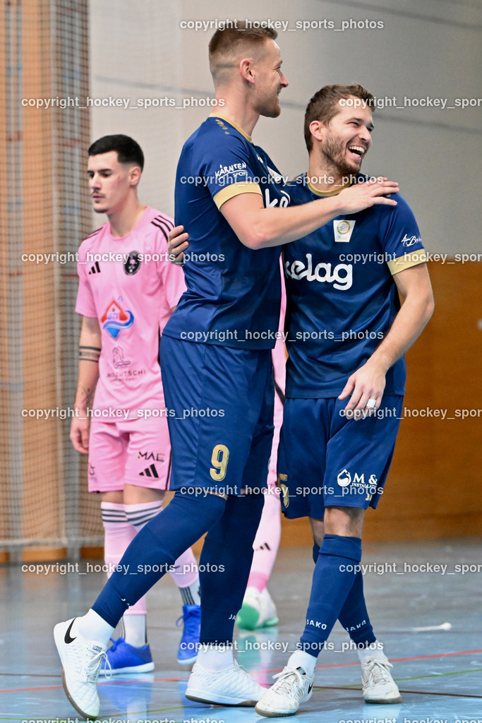 Carinthia Flamengo Futsal Club vs. Futsal Klagenfurt | Jubel Futsal Klagenfurt, #9 Matic Lokovsek Futsal Klagenfurt, #5 Rok Rednak Futsal Klagenfurt, Carinthia Flamengo Futsal Club vs. Futsal Klagenfurt, Carinthia Flamengo Futsal Club vs. Futsal Klagenfurt am 01.12.2024 in Klagenfurt (Ballspielhalle Viktring), Austria, (Photo by Bernd Stefan)
