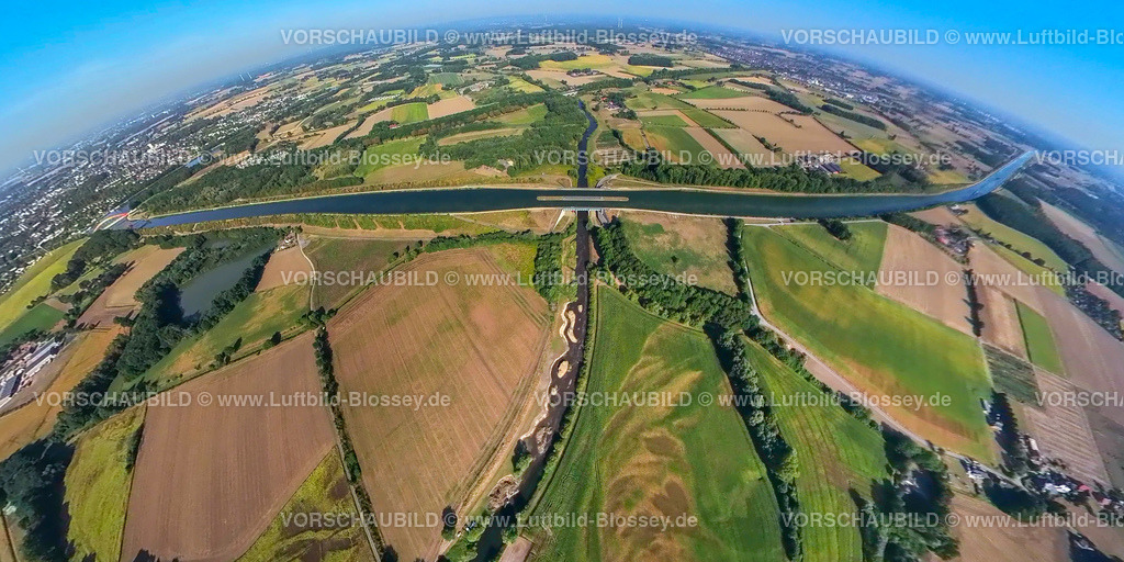 Olfen20220823_Lippeverlauf07 | Luftbild, Lippeverlauf mit Kanalbrücke Lippe Neue Fahrt, Fluss- und Auenentwicklung der Lippe Vogelsang, Fluss Lippe und Dortmund-Ems-Kanal, Fisheye Aufnahme, Fischaugen Aufnahme, 360 Grad Aufnahme, Stadtgrenze Olfen-Datteln, Pelkum, Datteln, Ruhrgebiet, Nordrhein-Westfalen, Deutschland