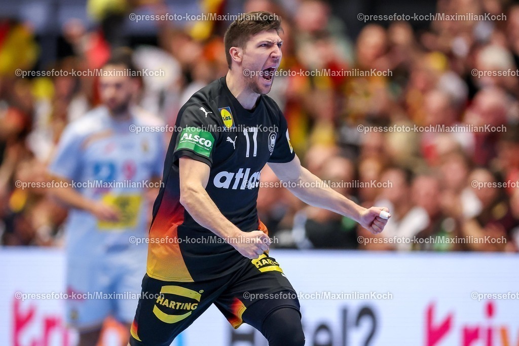 EHF19012602127 | 19.01.2026, Handball, Men's EHF EURO 2026, Deutschland - Spanien, Jyske Bank Boxen in Herning, Dänemark, Preliminary Round:  Lukas Zerbe (Germany #17) jubelnd