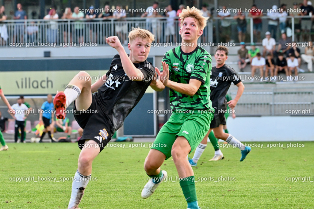 SC Landskron vs. Thal Assling  | #6 Rene Lukasser-Weitlaner Thal Assling, #23 Jonas Jakob Armin Steinwender SC Landskron, SC Landskron vs. Thal Assling , SC Landskron vs. Thal Assling  am 09.08.2024 in Villach (Sportanlage Landskron), Austria, (Photo by Bernd Stefan)