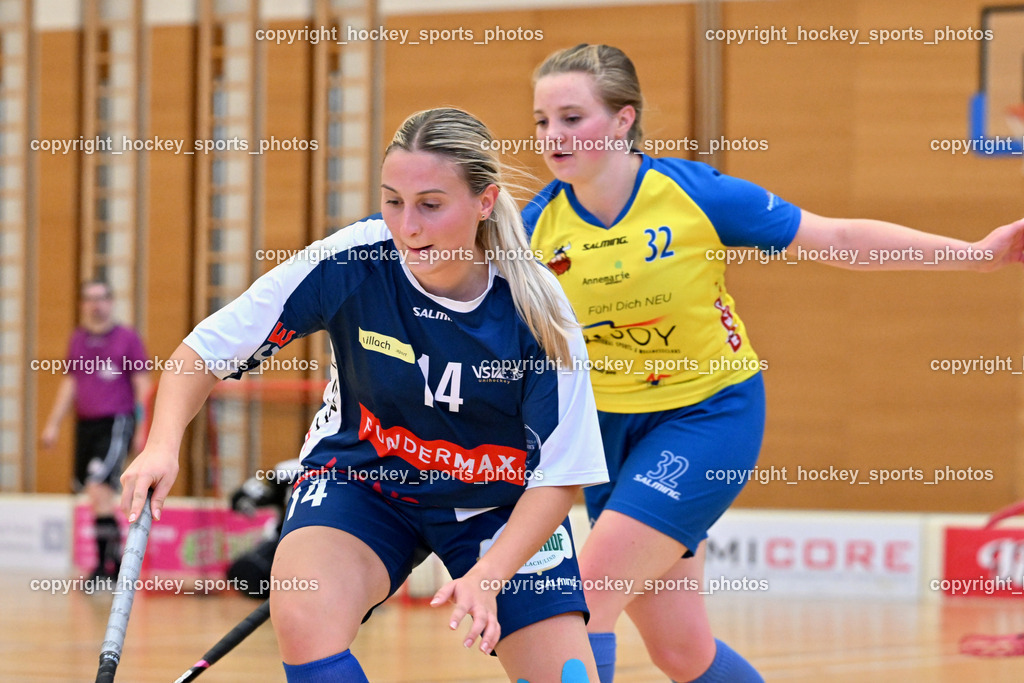 VSV Unihockey vs. SPG HSI/Wikings Zell | #14 Johanna Gräfling VSV Unihockey, #32 Anna Ploner SPG Wikings Zell, VSV Unihockey vs. SPG HSI/Wikings Zell, VSV Unihockey Damen vs. SPG HSI Wikings Zell 27.9.2025 am 27.09.2025 in Villach (Ballspielhalle St. Martin), Austria, (Photo by Bernd Stefan)
