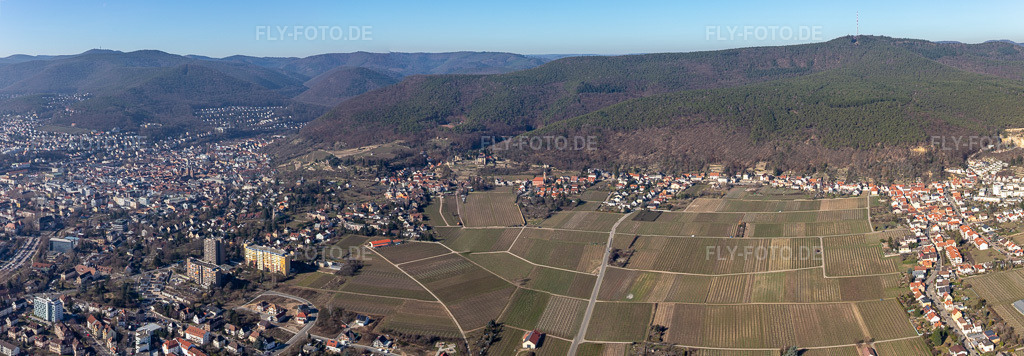 Luftbild: Panorama Perspektive der Weinbergs- Landschaft an der Weinstraße im Ortsteil Haardt in Neustadt im Bundesland Rheinland-Pfalz in Deutschland. Foto: IMG_112766-Pano.jpg vom 27.02.2019 durch Werner Riehm/FLY-FOTO.deAuflösung des Originals: 9623 x 3349 px