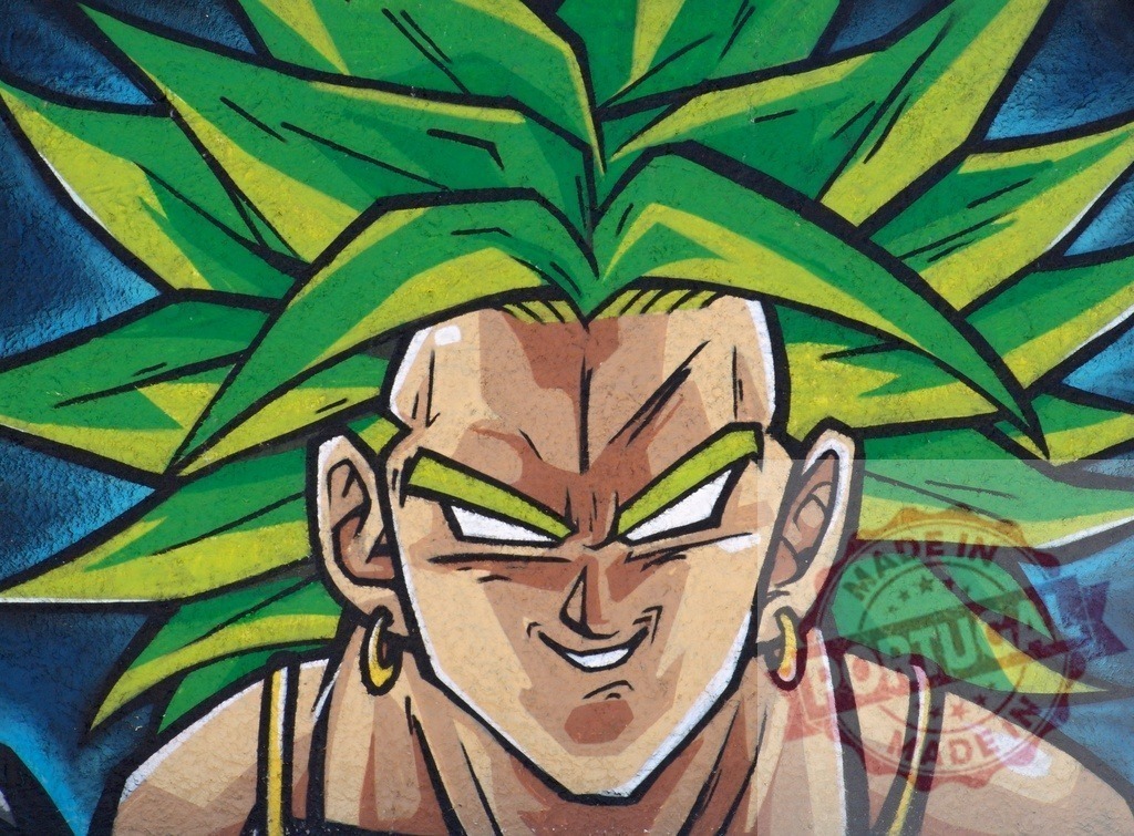 Broly from Dragon Ball Z painted on a wall, looking powerful with green hair | Graffiti art featuring Broly, a character from the popular anime series Dragon Ball Z, showcasing his intense expression and vibrant green hair - Realized with Pictrs.com