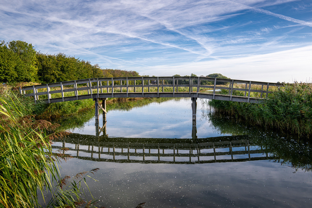 Holzbrücke über den Roggesloot im Naturgebiet auf der Nordseeinsel Texel | Eine gewölbte Holzbrücke führt über den ruhigen Wasserlauf Roggesloot auf der holländischen Insel Texel. Das klare Wasser spiegelt die Brückenkonstruktion sowie den blauen Himmel mit feinen Schleierwolken perfekt wider. Umgeben von schilfbewachsenen Ufern vermittelt das Landschaftsmotiv idyllische Naturstimmung und eignet sich ideal für Beiträge zu Themen wie Inseltourismus, Wandern, Radfahren, Naherholung und Naturschutz. - Realisiert mit Pictrs.com