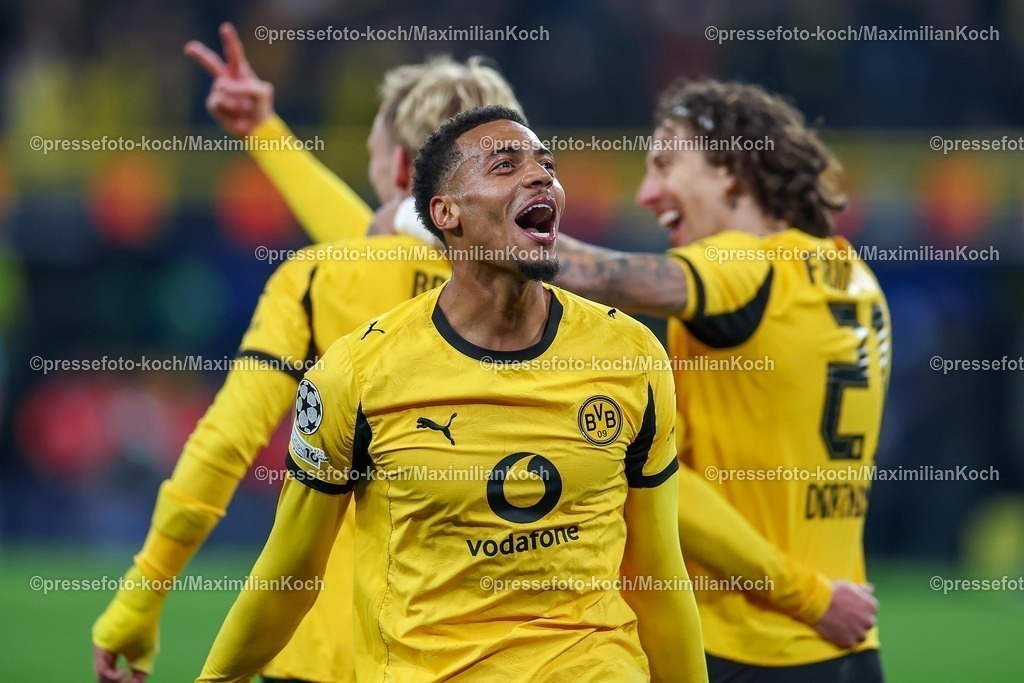 UCL01102501132 | 01.10.2025, Fußball, UEFA Champions League, Borussia Dortmund - Athletic Club Bilbao, BVB Stadion, 2. Spieltag, Saison 2025 2026: Torjubel nach dem Tor zum 4:1 durch Torschütze Julian Brandt (BVB #10)  -   Felix Nmecha (BVB #08) jubelt und lässt die Freude rausRegulations prohibit any use of photographs as image sequences and or quasi-video.