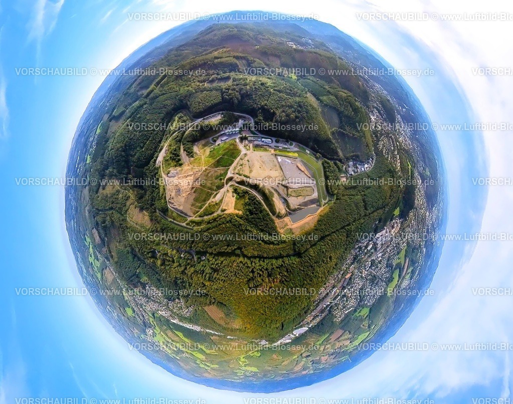 Siegen230990427DeponieFludersbach | Luftbild, Abfalldeponie Fludersbach, Erdkugel, Fisheye Aufnahme, Fischaugen Aufnahme, 360 Grad Aufnahme, tiny world, Niederdielfen, Wilnsdorf, Sauerland, Nordrhein-Westfalen, Deutschland