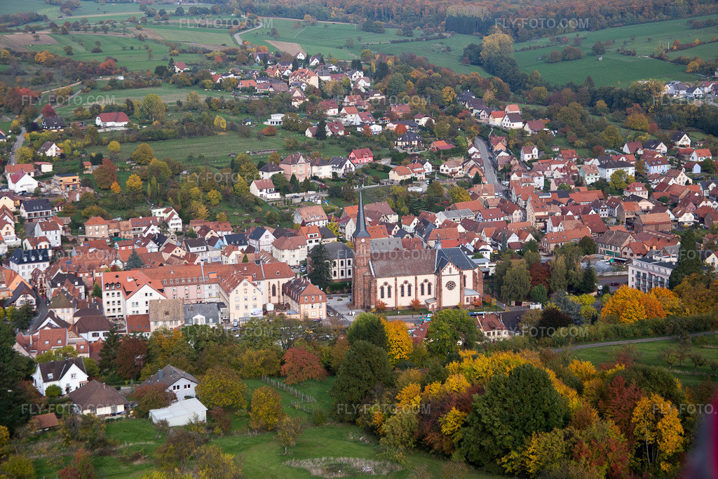 Aerial view: View of the town in Niederbronn-les-Bains in the state Bas-Rhin, France.Photo: IMG_084753.jpg taken on 10/24/2015 by Werner Riehm/FLY-FOTO.comResolution of the original: 5472 x 3648 px