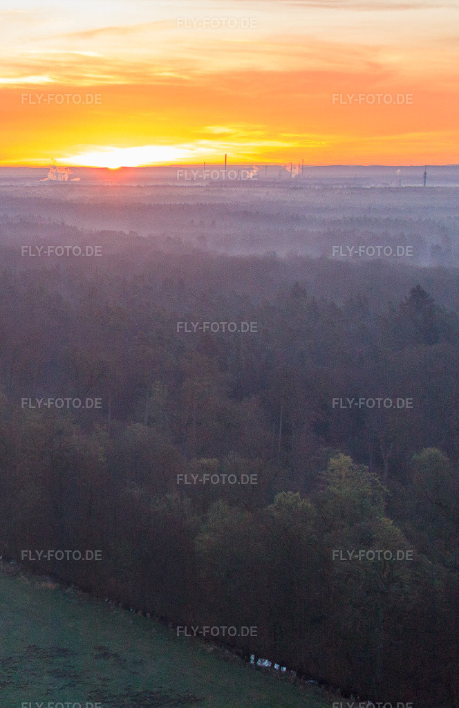Luftbild: Sonnenaufgang über dem Bienwald in Wörth am Rhein im Bundesland Rheinland-Pfalz in Deutschland. Foto: IMG_62957.jpg vom 20.03.2014 durch Werner Riehm/FLY-FOTO.de