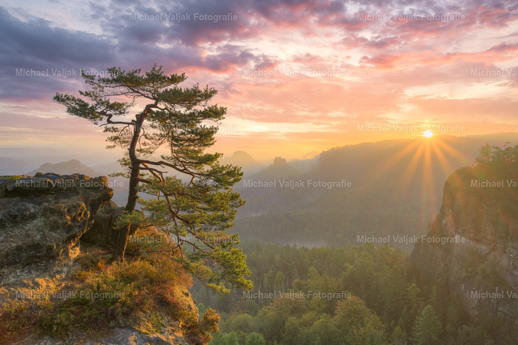 Sonnenaufgang in der Sächsischen Schweiz | Aussicht von den Gleitmannshörnern unterhalb des Kleinen Winterbergs in Richtung Winterstein (Hinteres Raubschloss) bei einem fantastischen Sonnenaufgang im Frühherbst. - Realisiert mit Pictrs.com