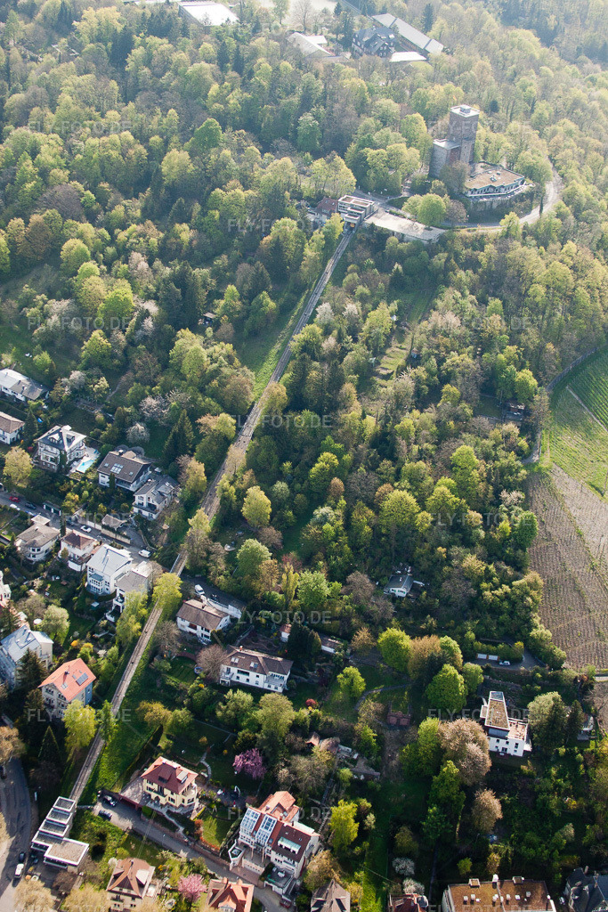 Luftbild: Turmbergbahn des KVV im Ortsteil Durlach in Karlsruhe im Bundesland Baden-Württemberg in Deutschland. Foto: IMG_26072.jpg vom 23.04.2010 durch Werner Riehm/FLY-FOTO.de