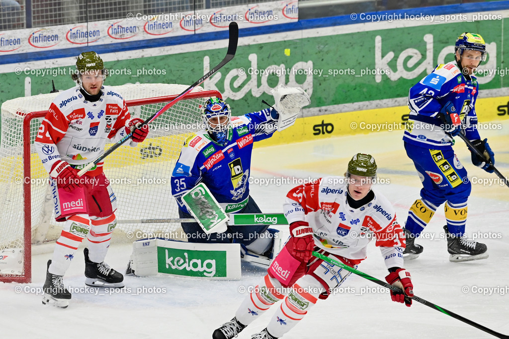 EC IDM WÄRMEPUMPEN VSV vs. HCB Südtirol Alperia | #35 Gianluca Vallini HCB Südtirol Alperia, #24 Cole Schneider HCB Südtirol Alperia, #35 Joe Cannata EC VSV, #42 Alex Wall EC VSV, EC IDM WÄRMEPUMPEN VSV vs. HCB Südtirol Alperia, EC IDM WÄRMEPUMPEN VSV vs. HCB Südtirol Alperia am 28.12.2025 in Villach (Stadthalle Villach), Austria, (Photo by Bernd Stefan)