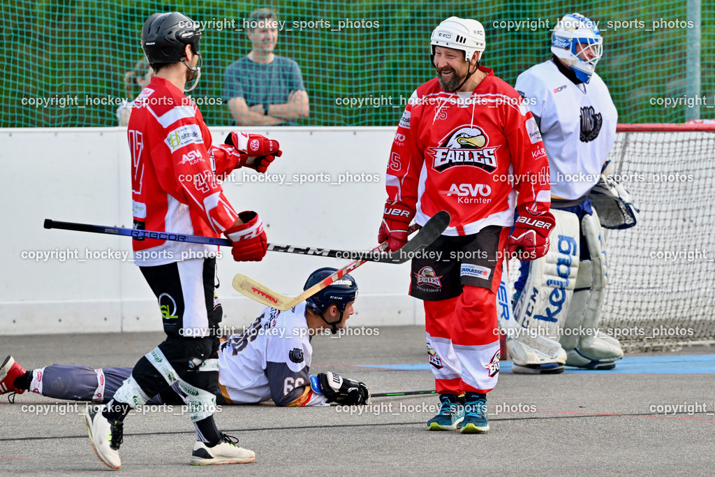 VAS Ballhockey vs. HSC Eagles Poggersdorf | #66 Hintermann Daniel, #47 Witting Marcel, #15 Sulzbacher Josef, Jubel HSC Poggersdorf, VAS Ballhockey vs. HSC Eagles Poggersdorf, VAS Ballhockey vs. HSC Eagles Poggersdorf am 14.07.2024 in Villach (Alpen Arena ), Austria, (Photo by Bernd Stefan)