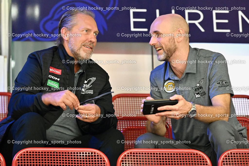 EC IDM Wärmepumpen VSV vs. HDD Jesenice | Headcoach EC VSV Tuomie Tray, Asisstentcoach EC VSV Machreich Patrick, EC IDM Wärmepumpen VSV vs. HDD Jesenice, EC IDM Wärmepumpen VSV vs. HDD Jesenice am 08.09.2024 in Villach (Stadthalle Villach), Austria, (Photo by Bernd Stefan)