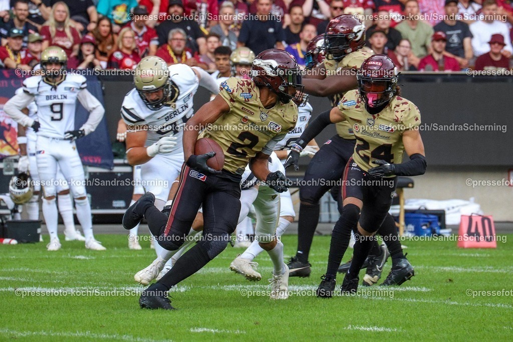 xSSC27072501025 | 27.07.2025, xsscx, American Footballl, Rhein Fire - Berlin Thunder, EFL, Schauinsland-Reisen-Arena, Saison 2025: Safety Omari Williams (2) von Rhein Fire