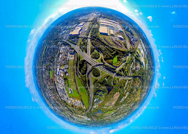 Dortmund241090080SpringorumKnotenB236 | Luftbild, Verkehrsknotenpunkt Springorum Straßenkreuz Bundesstraße B236 und Brackeler Straße, Gewerbegebiet Unterste-Wilms-Straße, Kläranlage Dortmund, oben Logistikzentrum Westfalenhütte mit Amazon, Erdkugel, Fisheye Aufnahme, Fischaugen Aufnahme, 360 Grad Aufnahme, tiny world, little planet, fisheye Bild, Alt-Scharnhorst, Dortmund, Ruhrgebiet, Nordrhein-Westfalen, Deutschland
