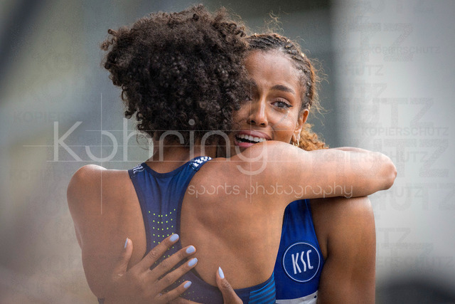 Deutsche Leichtathletik-Meisterschaften; Bochum-Wattenscheid, 26.07.2026 | Mikaelle Assani (Karlsruher  SC) gewinnt den Weitsprung vor Malaika Mihambo (LG Kurpfalz); Deutsche Leichtathletik-Meisterschaften am 26.07.2026 im Lorheide-Stadion, Bochum-Wattenscheid (Nordrhein-Westfalen).