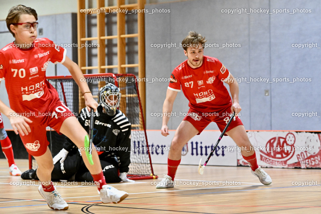 KAC Floorball vs. VSV Unihockey | #55 Maximilian Obereder KAC Floorball, #87 Fabian Grabner KAC Floorball, #70 Marcel Toschkov KAC Floorball, KAC Floorball vs. VSV Unihockey, KAC Floorball vs. VSV Unihockey am 21.03.2026 in Klagenfurt (Ballspielhalle Waidmannsdorf), Austria, (Photo by Bernd Stefan)