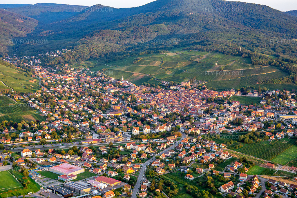 Aerial view: Station from the east in Barr in the state Bas-Rhin, France.Photo: IMG_137951.jpg taken on 08/19/2023 by Werner Riehm/FLY-FOTO.comResolution of the original: 5472 x 3648 px