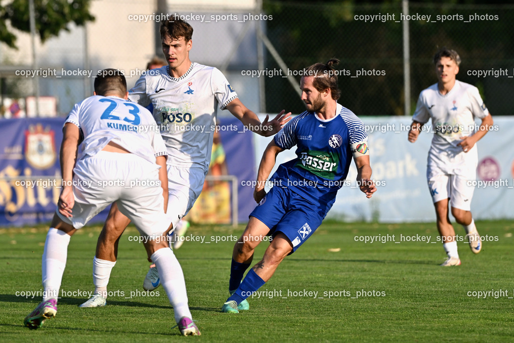SAK vs. SV Dellach Gail | #23 Zan Kumer SAK, #11 Luka Jerin SAK, #23 Maximilian Wastian SV Dellach Gail, SAK vs. SV Dellach Gail, SAK vs. SV Dellach Gail am 14.08.2025 in Klagenfurt (Sportpark Welzenegg), Austria, (Photo by Bernd Stefan)